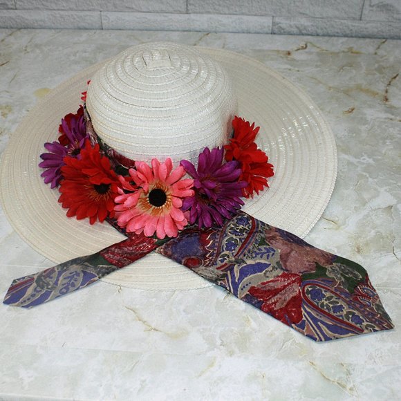 HAND CRAFTED Hat Upcycled Repurposed Silk Necktie Daisy White Derby Party Beach - Picture 4 of 11
